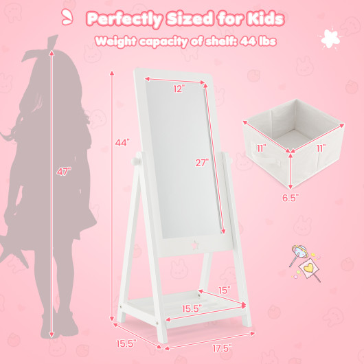 Kids Full Length Wooden Standing Mirror with Bottom Shelf and Foldable Storage Bin-White - Image 6