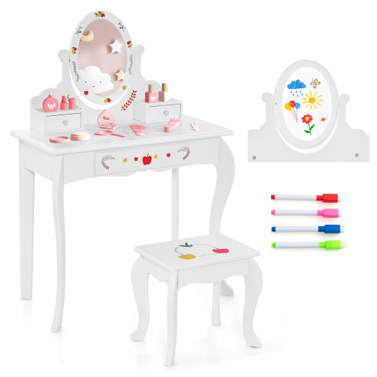 Kids Vanity and Stool Set with 360 Rotatable Mirror and Whiteboard-White