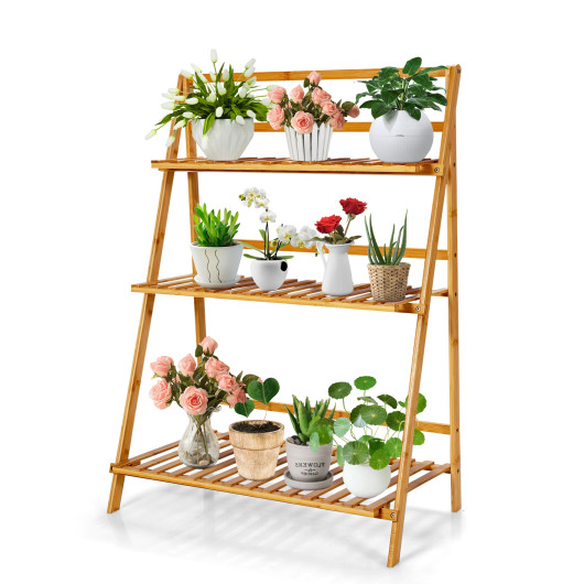 3-Tier Bamboo Foldable Plant Stand with Display Shelf Rack-Natural - Image 5