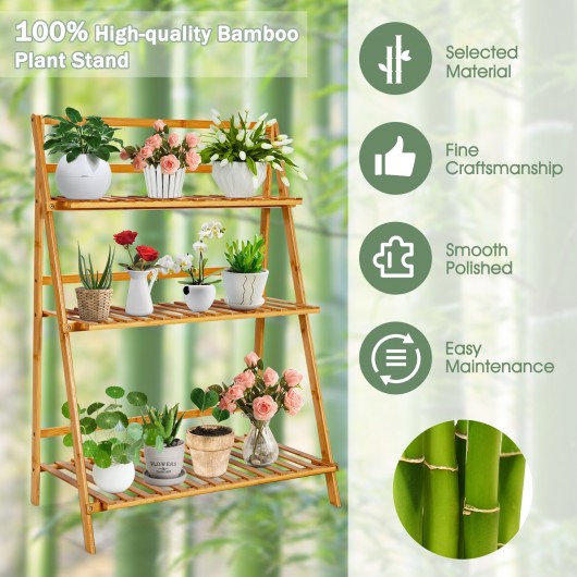 3-Tier Bamboo Foldable Plant Stand with Display Shelf Rack-Natural - Image 3