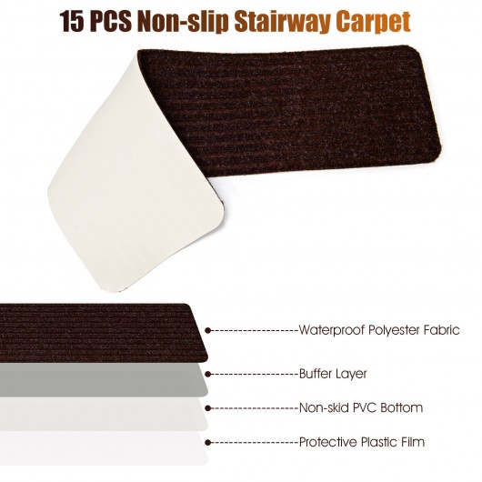 15 Pieces 30 x 8 Inch Slip Resistant Soft Stair Treads Carpet-Brown - Image 3