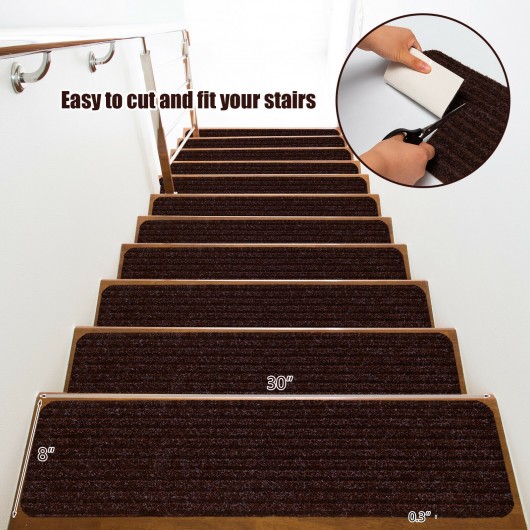 15 Pieces 30 x 8 Inch Slip Resistant Soft Stair Treads Carpet-Brown - Image 2