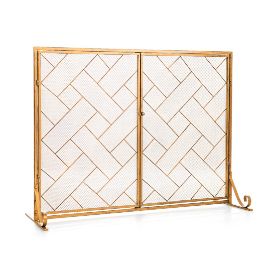 3-Panel Folding Wrought Iron Fireplace Screen with Doors and 4 Pieces Tools Set-Golden