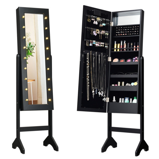 Mirrored Jewelry Cabinet Armoire Organizer w- LED lights-Black