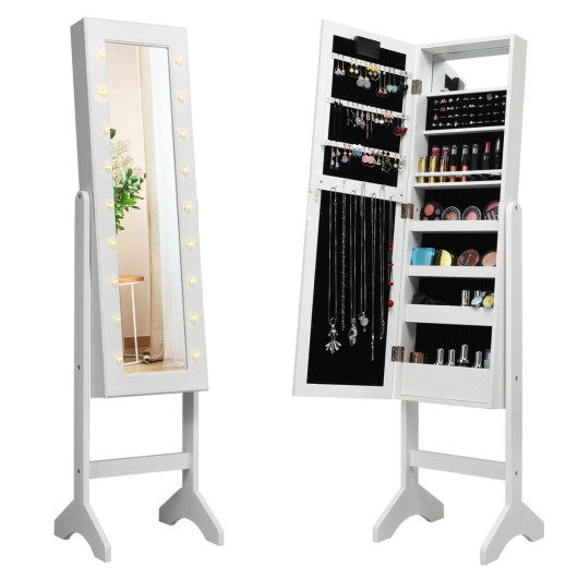 Mirrored Jewelry Cabinet Armoire Organizer w- LED lights-White