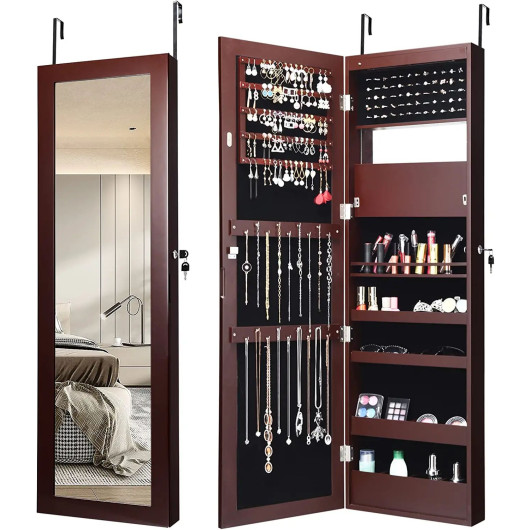 Lockable Wall Door Mounted Mirror Jewelry Cabinet w-LED Lights-Brown