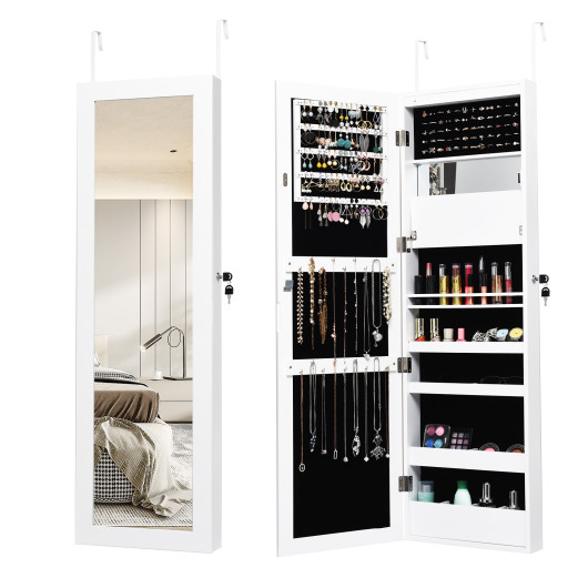 Lockable Wall Door Mounted Mirror Jewelry Cabinet w-LED Lights-White