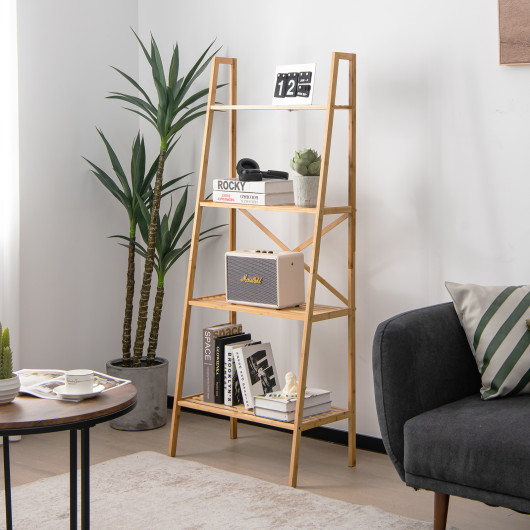 58 Inch 4-Tier Bamboo Ladder Bookshelf-Natural - Image 5