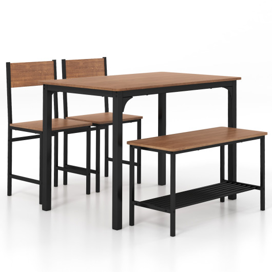 4 Pieces Rustic Dining Table Set with 2 Chairs and Bench-Brown