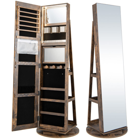 360 Rotating Mirrored Jewelry Cabinet Armoire 3 Color LED Modes Lockable-Brown