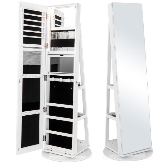 360 Rotating Mirrored Jewelry Cabinet Armoire 3 Color LED Modes Lockable-White