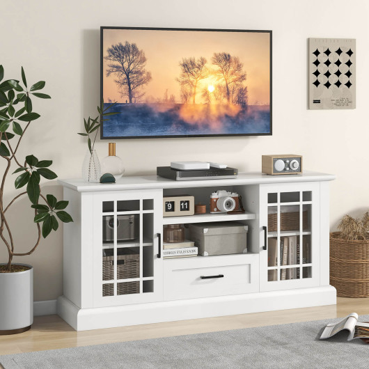 TV Stand for TVs up to 70 with Glass Doors Cubbies and Drawer-White - Image 3