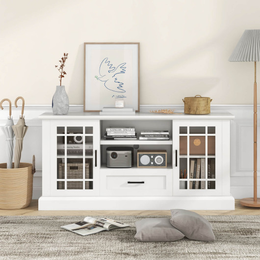 TV Stand for TVs up to 70 with Glass Doors Cubbies and Drawer-White - Image 2
