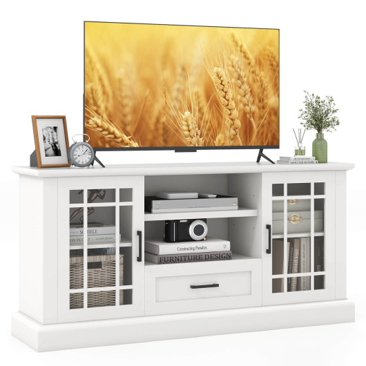 TV Stand for TVs up to 70 with Glass Doors Cubbies and Drawer-White - Image 5