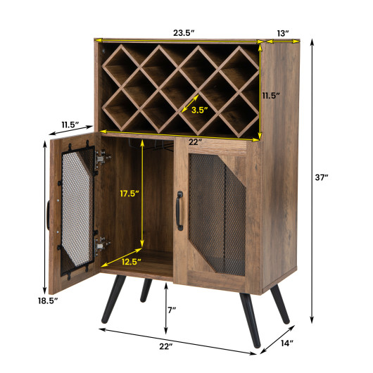2-Door Farmhouse Kitchen Storage Bar Cabinet with Wine Rack and Glass Holder-Rustic Brown - Image 3