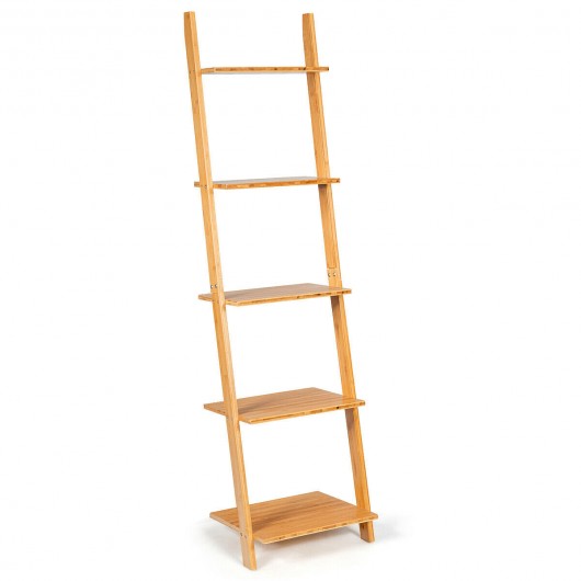 5-Tier Modern Bamboo Wall-Leaning Display Ladder Bookshelf