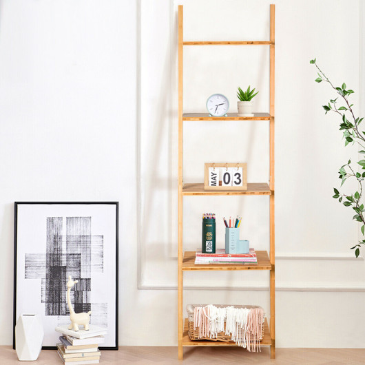 5-Tier Modern Bamboo Wall-Leaning Display Ladder Bookshelf - Image 4