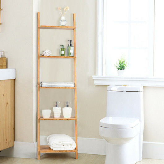 5-Tier Modern Bamboo Wall-Leaning Display Ladder Bookshelf - Image 5