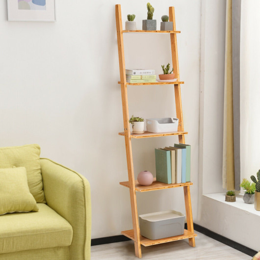 5-Tier Modern Bamboo Wall-Leaning Display Ladder Bookshelf - Image 3
