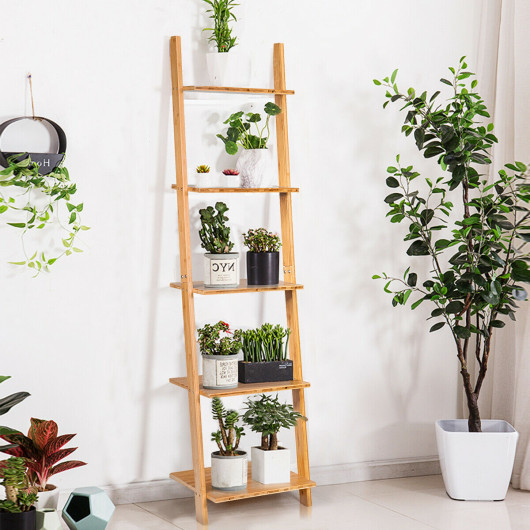 5-Tier Modern Bamboo Wall-Leaning Display Ladder Bookshelf - Image 2