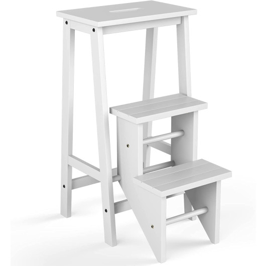 3 Tier Step Stool 3 in 1 Folding Ladder Bench-White - Image 2