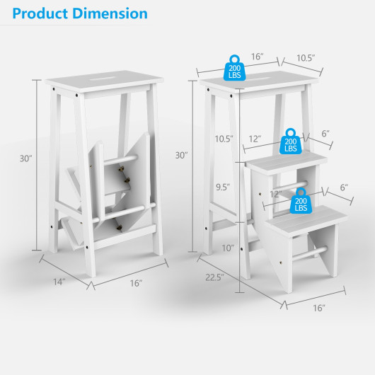 3 Tier Step Stool 3 in 1 Folding Ladder Bench-White - Image 3