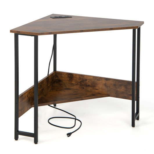 Triangle Computer Corner Desk with Charging Station-Rustic Brown - Image 2