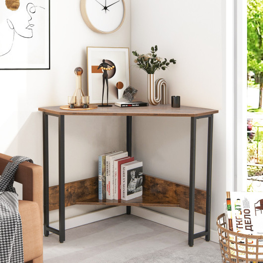 Triangle Computer Corner Desk with Charging Station-Rustic Brown - Image 3