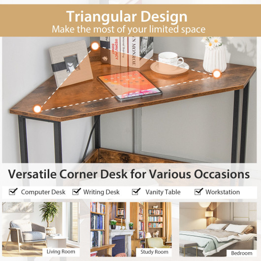 Triangle Computer Corner Desk with Charging Station-Rustic Brown - Image 4