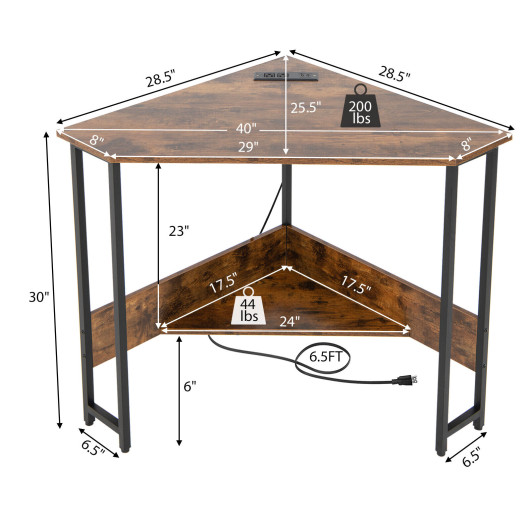 Triangle Computer Corner Desk with Charging Station-Rustic Brown - Image 5
