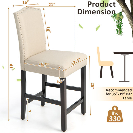 2 Pcs Fabric Nail Head Counter Height Dining Side Chairs Set-Beige - Image 2