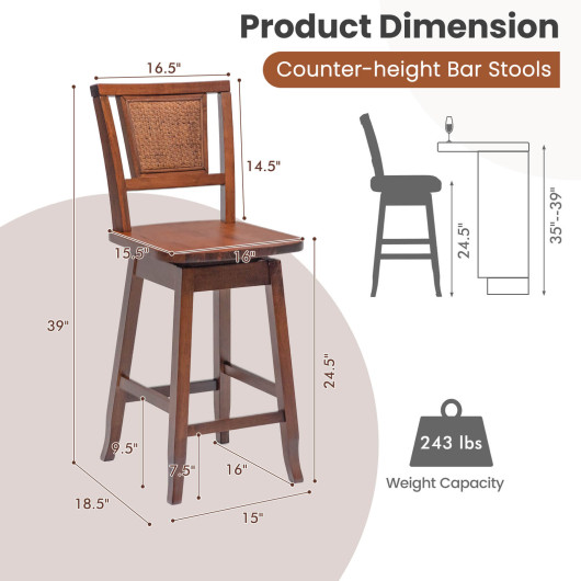 2 Pieces 24.5 Inch Bar Stools with Rattan Back and Swivel Seat - Image 3