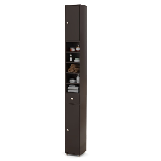Freestanding Slim Bathroom Cabinet with Drawer and Adjustable Shelves-Brown