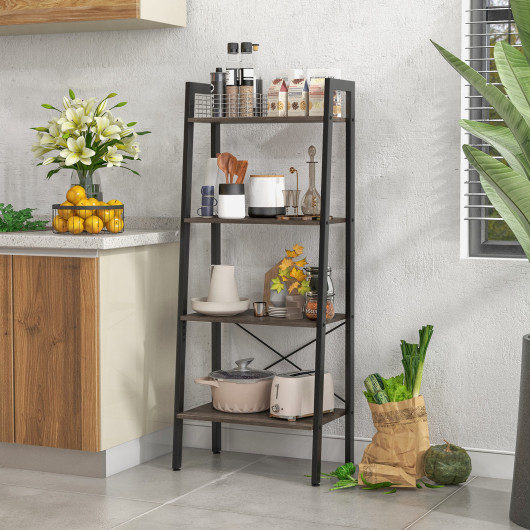 4-Tier Bookshelf with Metal Frame and Adjustable Foot Pads-Oak - Image 4