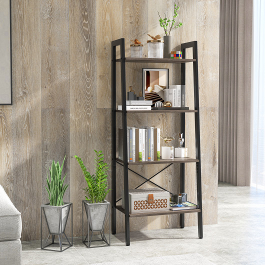 4-Tier Bookshelf with Metal Frame and Adjustable Foot Pads-Oak - Image 5