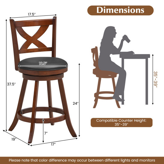 2 Pieces Classic Counter Height Swivel Bar Stool Set with X-shaped Open Back-24 Inch - Image 5