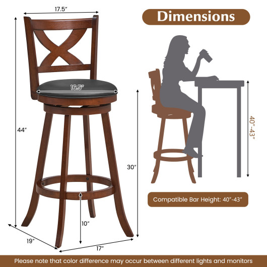 2 Pieces Classic Counter Height Swivel Bar Stool Set with X-shaped Open Back-30 Inch - Image 3
