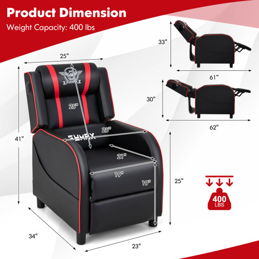 PU Leather Massage Gaming Recliner Chair with Side Pockets-Red - Image 5