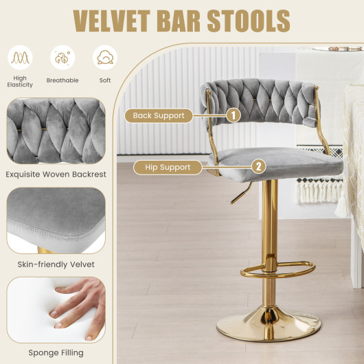 Swivel Barstool with Woven Back Set of 2 for Kitchen Island Cafe-Gray - Image 3