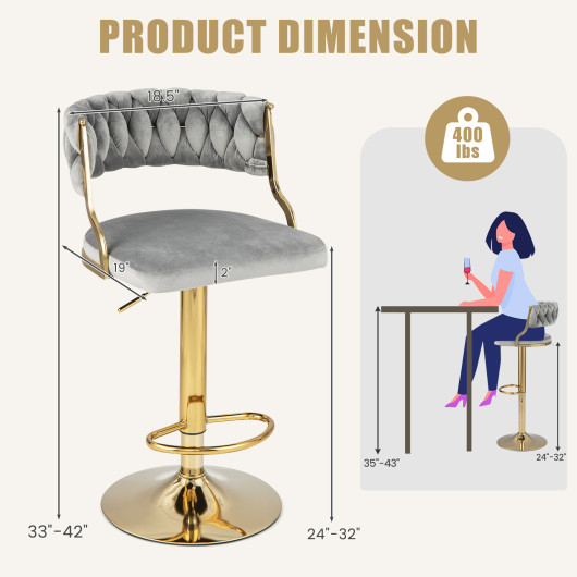 Swivel Barstool with Woven Back Set of 2 for Kitchen Island Cafe-Gray - Image 5