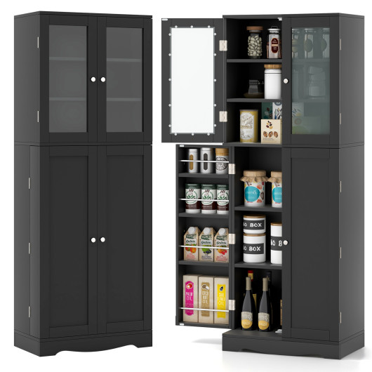 Tall Kitchen Pantry Cabinet with Dual Tempered Glass Doors and Shelves-Black - Image 2