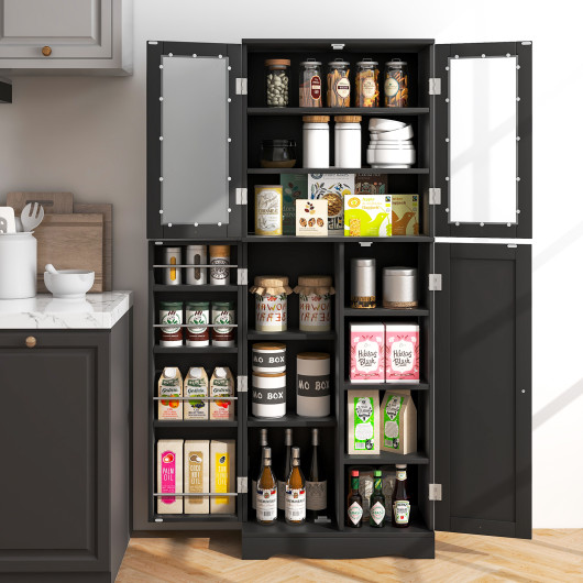 Tall Kitchen Pantry Cabinet with Dual Tempered Glass Doors and Shelves-Black - Image 3