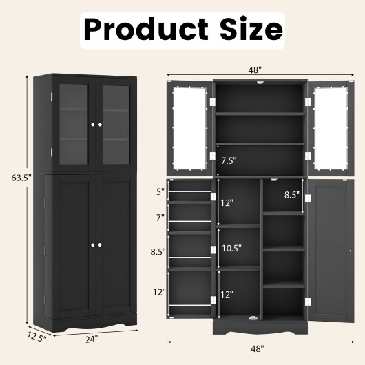 Tall Kitchen Pantry Cabinet with Dual Tempered Glass Doors and Shelves-Black - Image 4