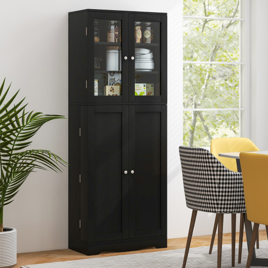 Tall Kitchen Pantry Cabinet with Dual Tempered Glass Doors and Shelves-Black - Image 5