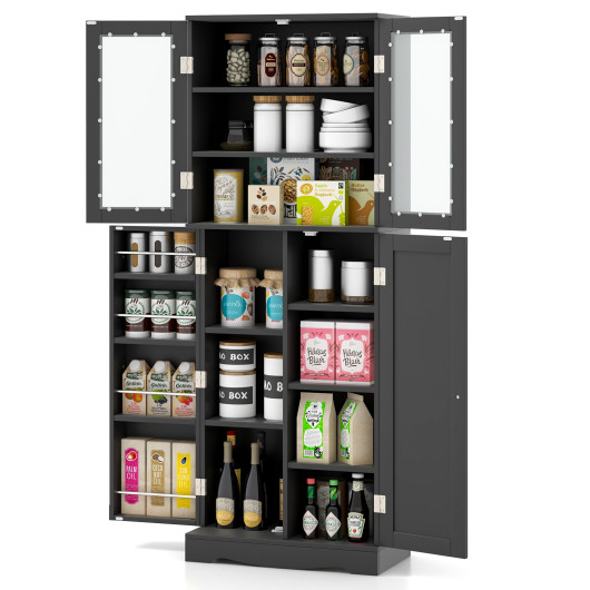 Tall Kitchen Pantry Cabinet with Dual Tempered Glass Doors and Shelves-Black - Image 6