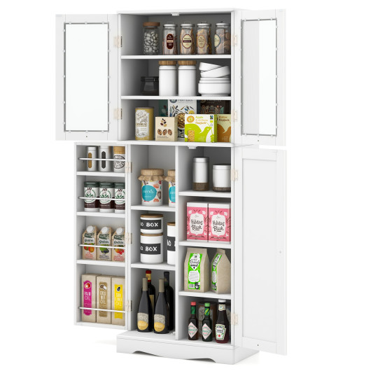 Tall Kitchen Pantry Cabinet with Dual Tempered Glass Doors and Shelves-White - Image 3