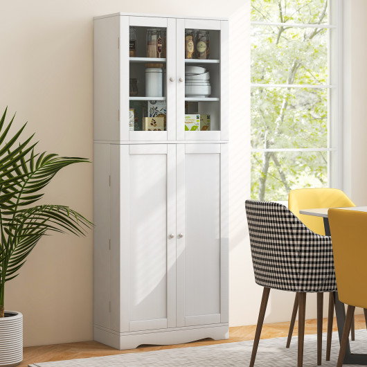 Tall Kitchen Pantry Cabinet with Dual Tempered Glass Doors and Shelves-White - Image 2