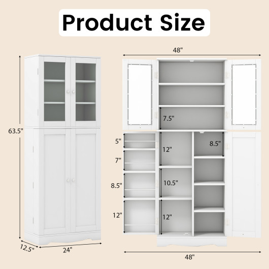 Tall Kitchen Pantry Cabinet with Dual Tempered Glass Doors and Shelves-White - Image 5