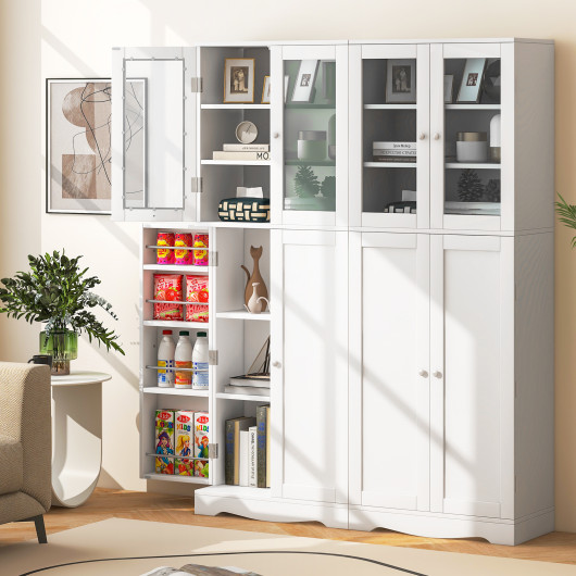 Tall Kitchen Pantry Cabinet with Dual Tempered Glass Doors and Shelves-White - Image 4