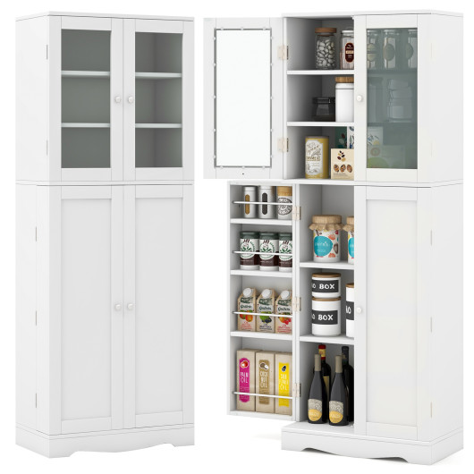 Tall Kitchen Pantry Cabinet with Dual Tempered Glass Doors and Shelves-White - Image 6